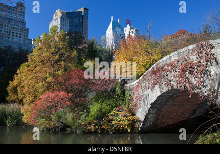 Caduta delle Foglie GAPSTOW BRIDGE POND CENTRAL PARK SOUTH MANHATTAN NEW YORK CITY USA Foto Stock