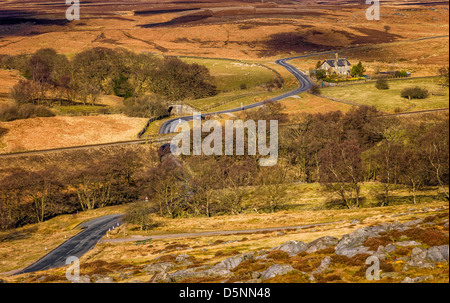 Un solitario casale in primavera nel mezzo del North York Moors che mostra una strada che conduce a Goathland, un piccolo villaggio. Foto Stock