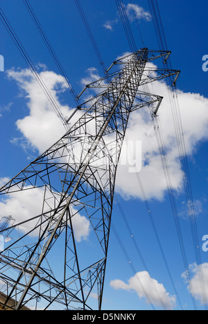 Elettricità tralicci attraversando un altopiano di ormeggiare in prossimità del Lancashire / confine dello Yorkshire. Foto Stock