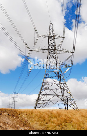 Elettricità tralicci attraversando un altopiano di ormeggiare in prossimità del Lancashire / confine dello Yorkshire. Foto Stock