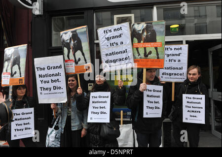 Victoria, Londra, Regno Unito. Il 6 aprile 2013. I manifestanti contrari alle corse di cavalli tenere cartelloni al di fuori di un negozio di scommesse prima del gran gara nazionale. Dimostrazione opposta al Grand gara nazionale al di fuori di un William Hill Scommesse shop. Credito: Matteo Chattle / Alamy Live News Foto Stock