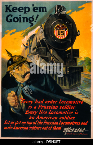 Keep em andando - Poster raffigurante un soldato tedesco che fuggono da una locomotiva che sopraggiungono insegne del cuscinetto, 'U.S.' - USA la guerra mondiale I Poster Foto Stock