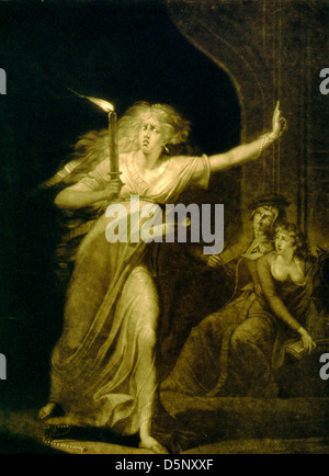 Lady Macbeth camminando nel suo sonno, a piena lunghezza vista, portando candela; un uomo e una donna osservare da un banco a destra in background, circa 1784 Foto Stock