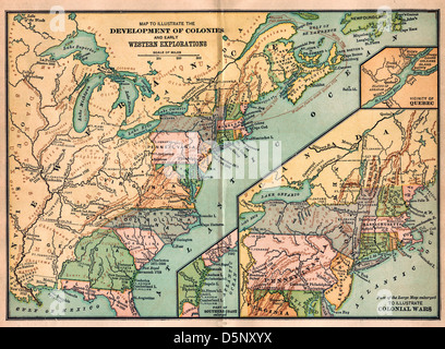 Vintage mappa degli Stati Uniti d'America - sviluppo di colonie e Western di esplorazione e di Guerre Coloniali Foto Stock