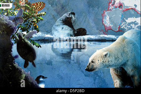 Questa immagine mostra una canoa utilizzata dai popoli costieri, insieme a un focus sulla scienza della qualità dell'acqua nella regione. L'USGS sottolinea l'importanza di studiare gli ecosistemi idrici e di mantenere le condizioni dell'acqua in buona salute in questa parte della costa. L'immagine mette in evidenza sia gli aspetti culturali che quelli ambientali. Foto Stock