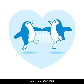 Due lieti Pinguini Blu Dancing in un cuore blu su sfondo bianco Foto Stock