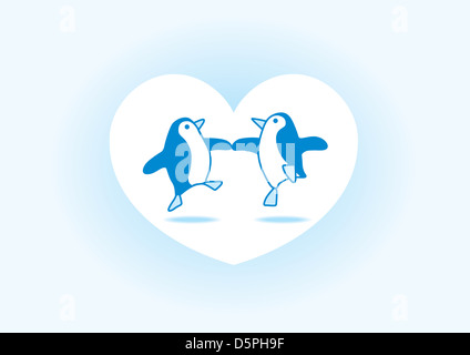 Due lieti Pinguini Blu Dancing in un cuore bianco su un morbido sfondo blu Foto Stock