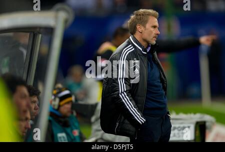 Amburgo, Germania. 6 Aprile, 2013. Amburgo allenatore Thorsten Fink sorge sul collaterale durante la Bundesliga partita di calcio tra Hamburger SV e SC Freiburg in Imtech Arena Soccer Stadium di Amburgo, Germania, 6 aprile 2013. Foto: Sven Hoppe/dpa/Alamy Live News Foto Stock