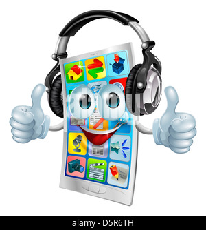 Un telefono cellulare mascotte cartoon con grandi cuffie per ascoltare musica e dando un doppio pollice in alto. Foto Stock
