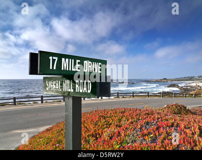 CALIFORNIA 17 miglia Drive Pebble Beach segno in una strada panoramica del Pacifico attraverso Pacific Grove e Pebble Beach sulla penisola di Monterey California USA Foto Stock