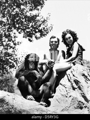 JOHNNY WEISSMULLER, Maureen O'Sullivan, Tarzan sfugge, 1936 Foto Stock