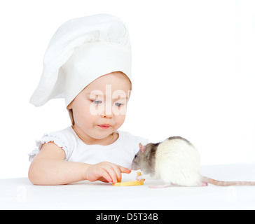 Lo Chef girland ratto domestico di mangiare cibo sano insieme. Isolato su bianco Foto Stock