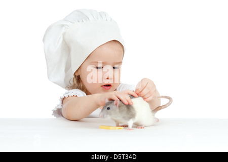 Lo Chef girland ratto domestico di mangiare cibo sano insieme. Isolato su bianco Foto Stock