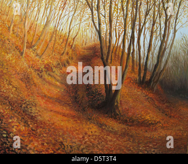Un dipinto ad olio su tela di un silenzioso pomeriggio autunnale in un colorato foresta con un tappeto di colore rosso arancio e giallo di foglie. Foto Stock