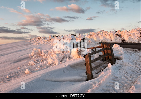 Nevicate sulla cima di Stonewall Hill, nr Knighton, Powys, UK, nel tardo inverno del 2013. La corsia segue il confine tra Inghilterra e Galles Foto Stock
