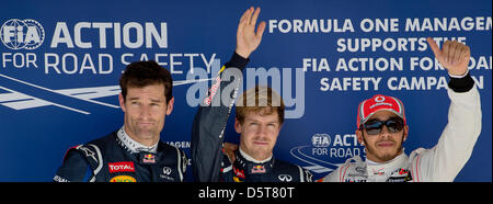 Australian Formula One driver Mark Webber (3rd, L-R) di Red Bull e il suo compagno di squadra, il tedesco Sebastian Vettel (1a), e il britannico Lewis Hamilton (2a) della McLaren Mercedes celebate dopo la sessione di qualifiche sul circuito delle Americhe ad Austin, Texas, Stati Uniti d'America, 17 novembre 2012. La Formula Uno Gran Premio degli Stati Uniti avrà luogo il 18 novembre 2012. Foto: David Ebener/dpa +++ Foto Stock