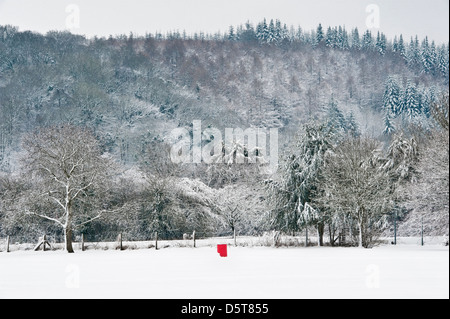 Un bidone rosso brillante si staglia contro i boschi innevati durante la fredda primavera del 2013, vicino a Presteigne, a metà Galles, Regno Unito Foto Stock