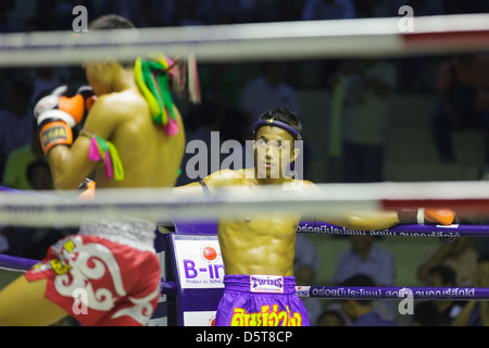 Thai boxing sera lotta al Rajadamnern stadium di Bangkok, Thailandia Foto Stock