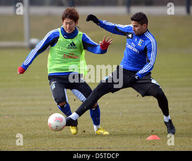 Di Amburgo Heung Min figlio e Tomas Rincon si contendono la palla durante la Bundesliga calcio formazione di Amburgo SV sulla formazione di motivi il Imtech-Arena ad Amburgo, Germania, 09 aprile 2013. Foto: Axel Heimken Foto Stock