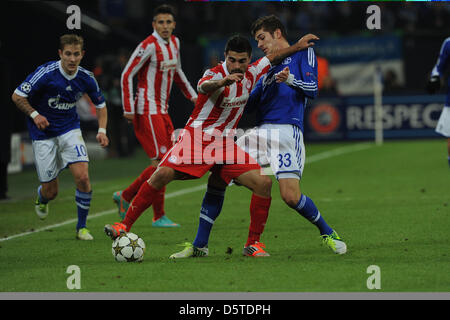 Schalke's Roman Neustaedter (R) e Olympiacos' Leandro Greco anteriore (L) si contendono la palla durante la Champions League Gruppo B partita di calcio tra FC Schalke 04 vs Olympiacos FC a Stadion Gelsenkirchen (Germania), 21 novembre 2012. La partita è finita 1:0. Foto: Frederic Scheidemann Foto Stock