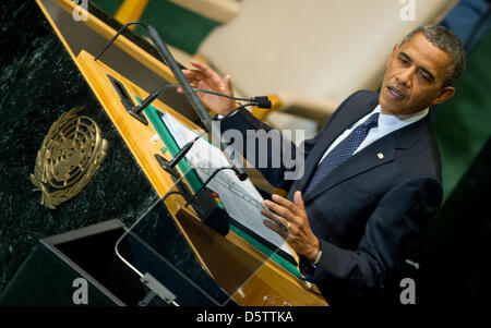 Il Presidente Usa Barack Obama parla all'inizio del dibattito generale della 67esima Assemblea generale delle Nazioni Unite a New York, Stati Uniti d'America, 25 settembre 2012. Foto: Sven Hoppe Foto Stock