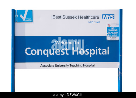 Conquista NHS Hospital segno Hastings Regno Unito Foto Stock