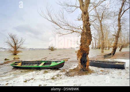 Barca verde sul fiume Danubio in inverno Foto Stock