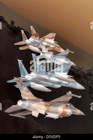 Un volo di formazione di 'Aggressor' McDonnell Douglas F-15 'Eagles' e General Dynamics F-16 'Fighting Falcons' nel Nevada test and Training Ranges il 5 giugno 2008. I jet, assegnati al 64th e al 65th 'Aggressor Squadrons' presso la Nellis Air Force base, simulano gli aerei nemici per esercitazioni. Foto Stock
