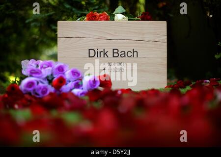 I fiori sono stabiliti sulla tomba di animatore tedesco Dirk Bach al cimitero Melaten a Colonia, Germania, 08 ottobre 2012. Una settimana fa, Bach morì all'età di 51. Le sue ceneri sono state sepolte nella serata del 07 ottobre 2012. Foto: Rolf Vennenbernd Foto Stock