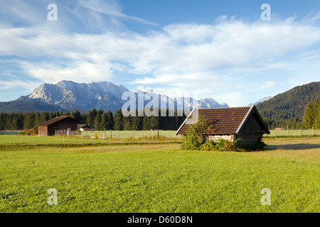 Capanne in legno su prati alpini, Germania Foto Stock