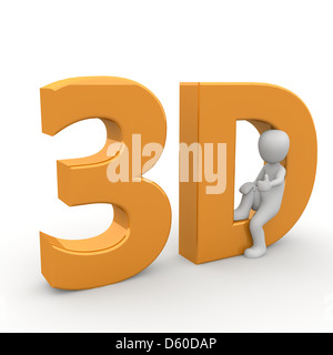 3d uomo seduto in lettere maiuscole e sta prendendo in considerazione il futuro dell'industria Foto Stock