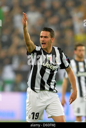 Torino, Italia. Il 10 aprile 2013. Torino, 10 aprile 2013. La Juventus' Leonardo Bonucci reagisce durante la UEFA Champions League quarti di finale della seconda gamba partita di calcio tra Juventus Torino e FC Bayern Monaco presso la Juventus Stadium di Torino. Credito: Andreas Gebert/DPA/Alamy Live News/Alamy Live News Foto Stock