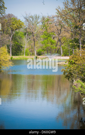 Vista verticale di una bella fontana di acqua in un grande stagno. Foto Stock