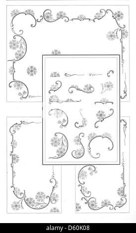 Un'illustrazione di catalogo da "campioni di tipo, bordi, ornamenti, regole in ottone e tagli" (1897), si concentra sui bordi decorativi e sui disegni ornamentali utilizzati nella stampa. L'immagine evidenzia gli elementi per il settore tipografico e della stampa. Foto Stock