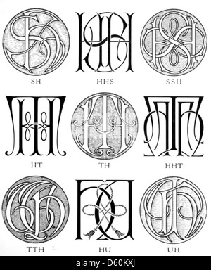 Questa immagine mostra vari monogrammi e cifrari di una collezione del 1906, mostrando disegni tipografici e simboli personali spesso utilizzati per l'identificazione e la personalizzazione. Foto Stock