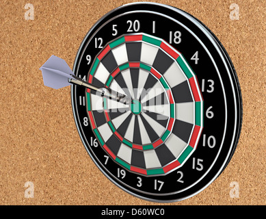 Dartboard e battenti sul sughero background in 3d. Foto Stock