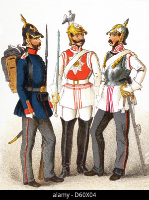 Le figure qui rappresentate sono, da sinistra a destra: 1846 prussiana: la linea, Body Guard e Cuirassier. Foto Stock