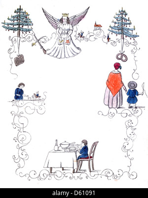 Un'illustrazione del 1848 di *Caw Caw; o, The Chronicle of Crows*, che mostra una scena di cena di Natale con un angelo. Questa stravagante opera d'arte fonde l'allegria natalizia con un tocco di fantasia, mettendo in risalto i corvi e la loro interazione festosa con un angelo. Foto Stock
