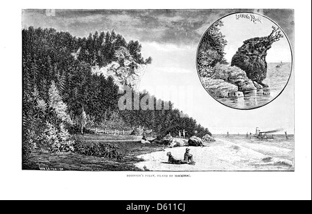 Una fotografia o un'illustrazione del 1890 che raffigura un tour panoramico del lago a Mackinac Island, Michigan, attraverso la Detroit & Cleveland Navigation Company (D. & C.). L'immagine include vedute dell'isola di Mackinac, con un notevole riferimento a "Robinson's Folly", un punto di riferimento storico. Foto Stock