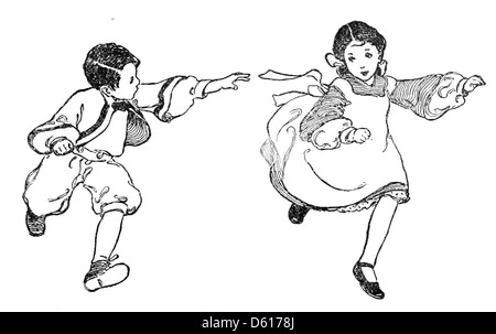 Questa illustrazione del 1905 tratta da "un giardino dei versi per bambini" di Robert Louis Stevenson presenta un'affascinante rappresentazione dei bambini e della natura, evocando l'atmosfera stravagante del libro. Foto Stock