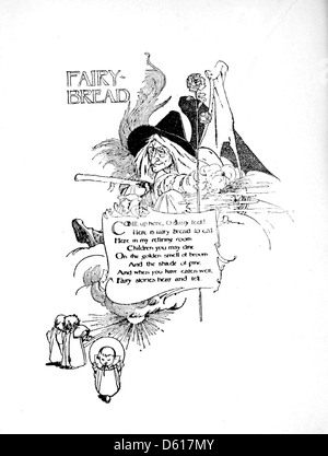 Questa illustrazione dell'edizione 1902 di A Child's Garden of Verses presenta un personaggio di strega, parte dell'immaginario stravagante e fantasioso che segna la raccolta di poesie per bambini di Robert Louis Stevenson. Foto Stock