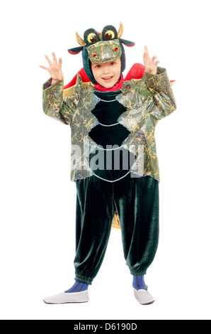 Gioioso bambino in un costume di drago Foto Stock