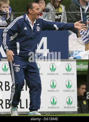 Schalke's allenatore Huub Stevens grida a margine durante la Bundesliga tedesca match tra FC Schalke 04 e Borussia Dortmund al VeltinsArena a Gelsenkirchen, Germania, 14 aprile 2012. Foto: Friso Gentsch Foto Stock