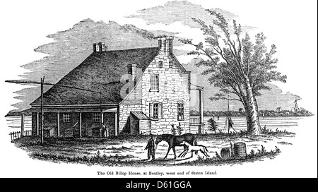 Un'illustrazione del 1860 tratta da "A Pictorial Description of the United States" raffigurante la Billop House a Staten Island, New York. L'immagine offre informazioni sulla prima architettura americana e sul significato storico di questo monumento. Foto Stock