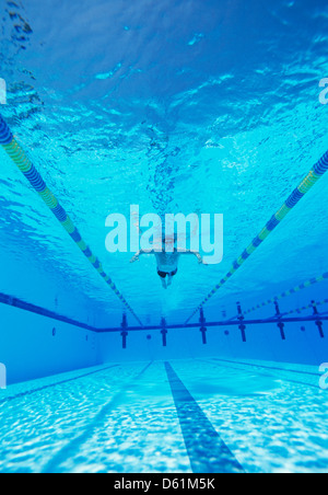 Riprese subacquee di maschio thlete nuoto in piscina Foto Stock