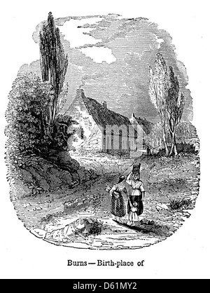 Un'illustrazione tratta da "A Popular Cyclopedia of History", che raffigura il luogo di nascita del famoso poeta scozzese Robert Burns. Questa voce offre approfondimenti sulle origini e l'eredità del poeta, sottolineando i luoghi storici di importanza. Foto Stock