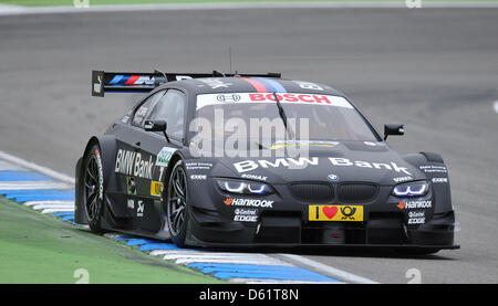 BMW canadese gara del pilota Bruno Spengler rigidi durante la prima gara del German Touring Car Masters (DTM) al circuito di Hockenheim, in Germania, il 29 aprile 2012. Foto: UWE ANSPACH Foto Stock