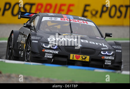 BMW canadese gara del pilota Bruno Spengler rigidi durante la prima gara del German Touring Car Masters (DTM) al circuito di Hockenheim, in Germania, il 29 aprile 2012. Foto: UWE ANSPACH Foto Stock