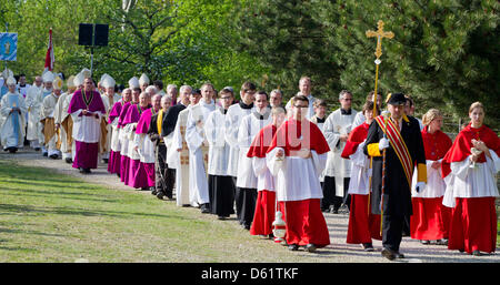 I Vescovi bavaresi a piedi in processione fino alla Basilica del Santo quattordici aiutanti vicino a Bad Steffelstein, Germania, 01 maggio 2012. I Vescovi stanno compiendo un pellegrinaggio con i credenti alla Basilica del Santo quattordici aiutanti per celebrare una santa messa. Maggio è il mese di Maria nella tradizione della Chiesa Cattolica. Foto: DANIEL KARMANN Foto Stock