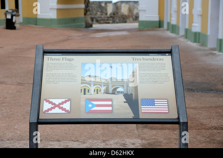 Tre bandiere cartello informativo a El Morro, Sito Storico Nazionale di San Juan, San Juan, Puerto Rico Foto Stock